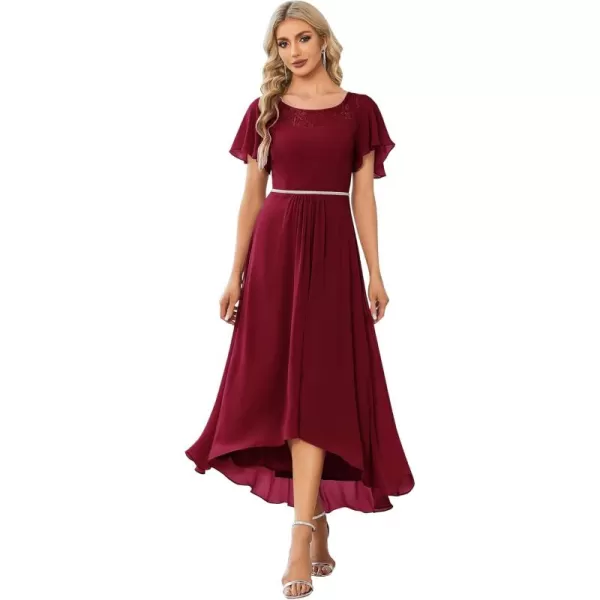 imageEverPretty Womens Ruffles Sleeve Bridesmaid Dress High Low Beaded Chiffon Midi Mother of The Bride Dresses 00465Burgundy