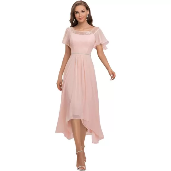 imageEverPretty Womens Ruffles Sleeve Bridesmaid Dress High Low Beaded Chiffon Midi Mother of The Bride Dresses 00465Pink