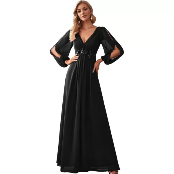 imageEverPretty Womens V Neck Long Sleeves Floor Length Ruched Chiffon Formal Dress 00461Black