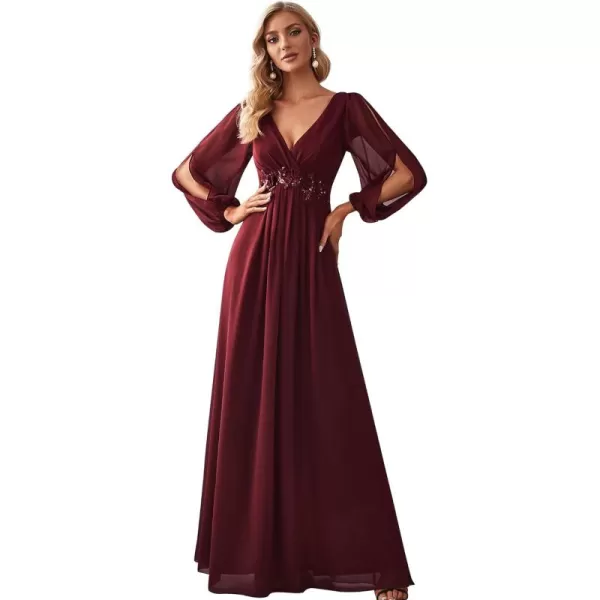 imageEverPretty Womens V Neck Long Sleeves Floor Length Ruched Chiffon Formal Dress 00461Burgundy