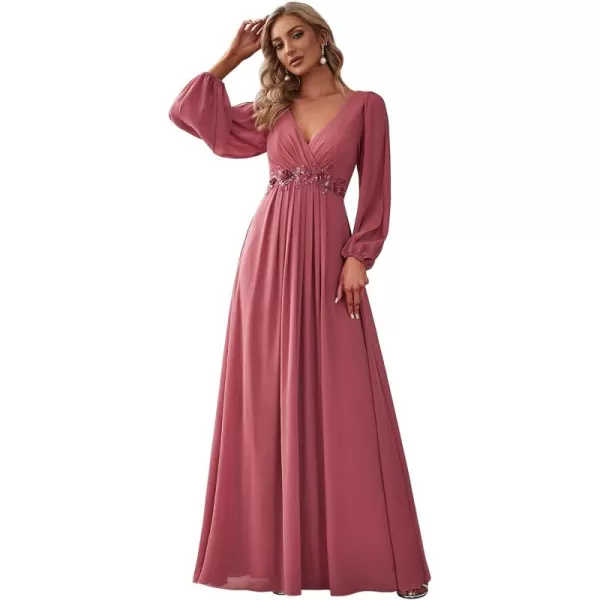 imageEverPretty Womens V Neck Long Sleeves Floor Length Ruched Chiffon Formal Dress 00461Cameo Brown