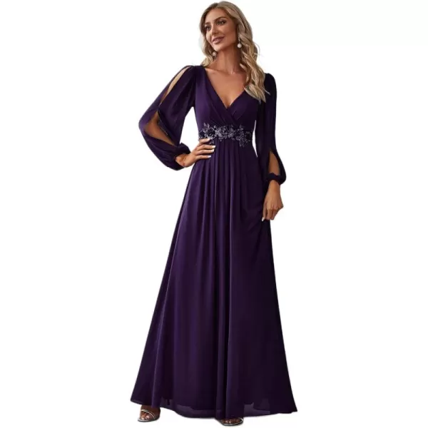 imageEverPretty Womens V Neck Long Sleeves Floor Length Ruched Chiffon Formal Dress 00461Deep Purple