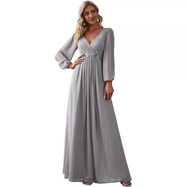 imageEverPretty Womens V Neck Long Sleeves Floor Length Ruched Chiffon Formal Dress 00461Gray