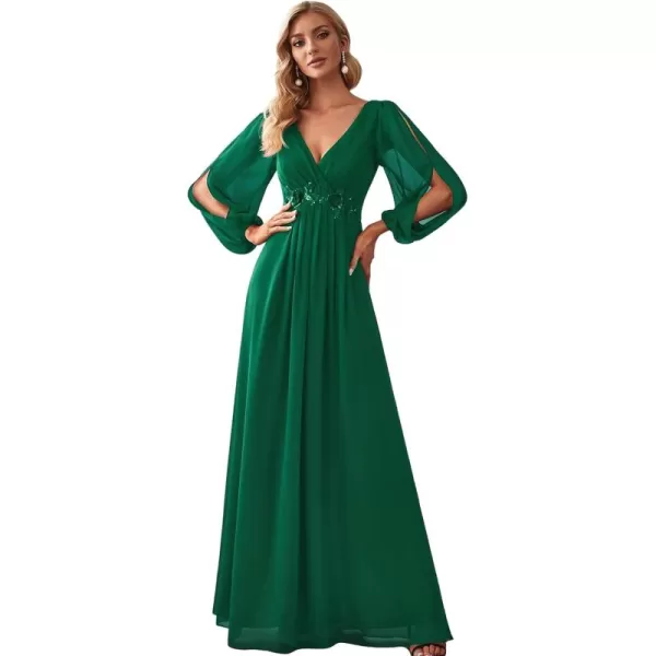 imageEverPretty Womens V Neck Long Sleeves Floor Length Ruched Chiffon Formal Dress 00461Green