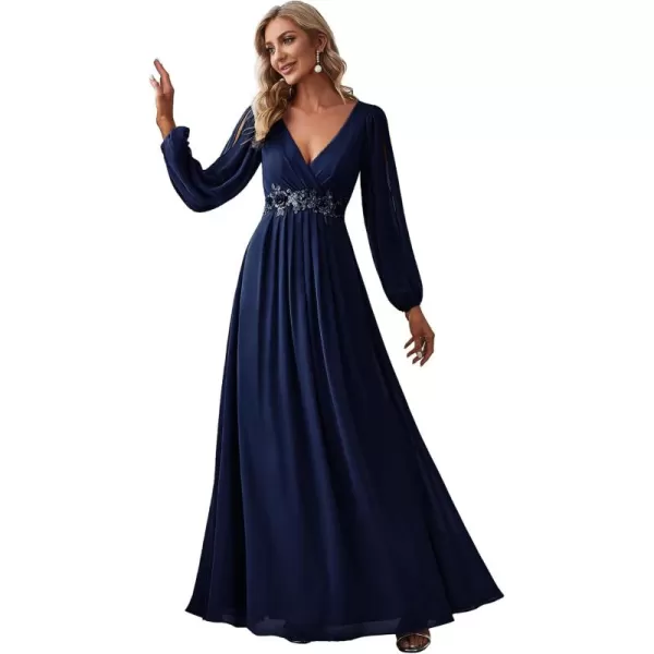 imageEverPretty Womens V Neck Long Sleeves Floor Length Ruched Chiffon Formal Dress 00461Navy Blue