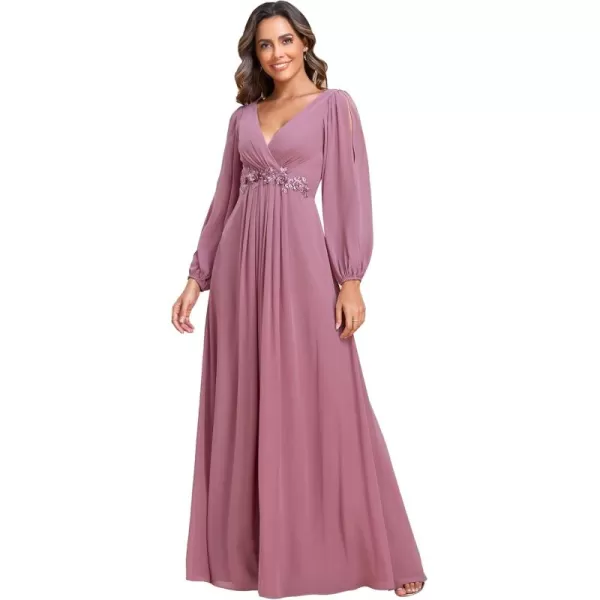 imageEverPretty Womens V Neck Long Sleeves Floor Length Ruched Chiffon Formal Dress 00461Orchid