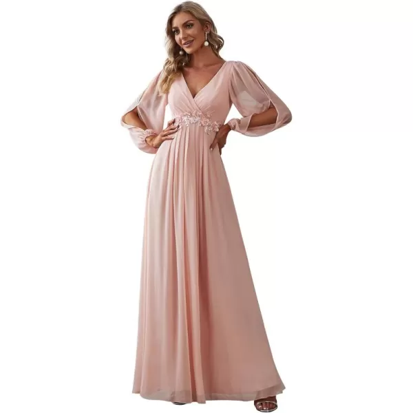 imageEverPretty Womens V Neck Long Sleeves Floor Length Ruched Chiffon Formal Dress 00461Pink