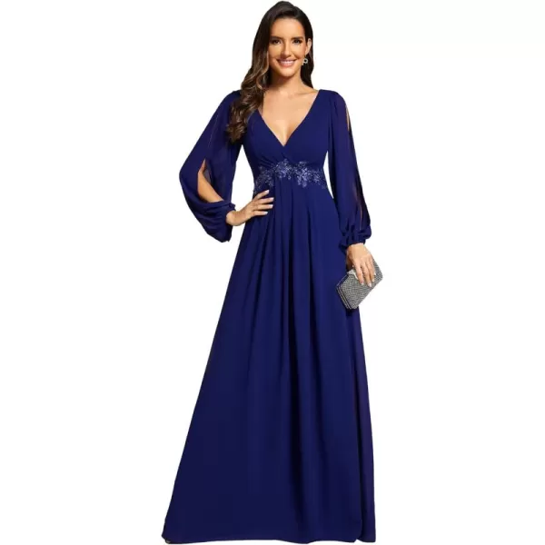 imageEverPretty Womens V Neck Long Sleeves Floor Length Ruched Chiffon Formal Dress 00461Royal Blue