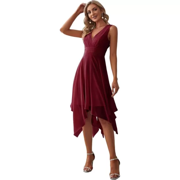 imageEverPretty Womens V Neck Pleated Waist Sleeveless Wedding Guest Dress Chiffon Irregular Hem Cocktail Dresses 03142Burgundy