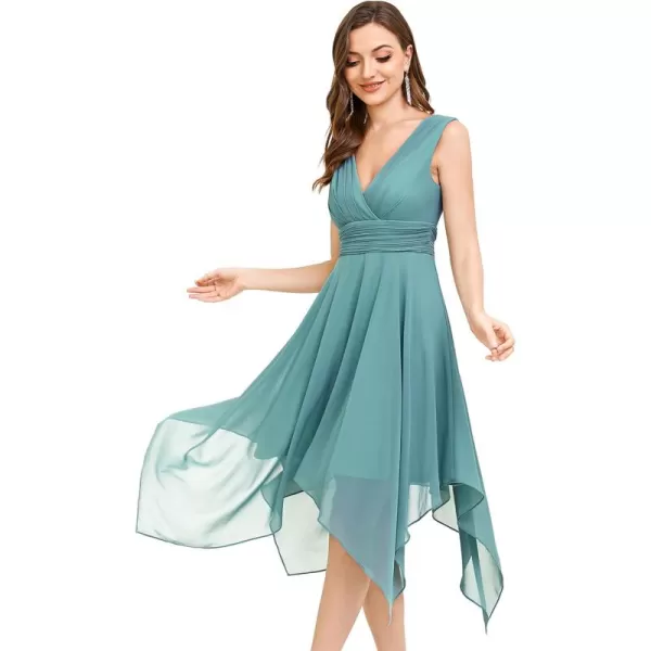 imageEverPretty Womens V Neck Pleated Waist Sleeveless Wedding Guest Dress Chiffon Irregular Hem Cocktail Dresses 03142Demin Blue