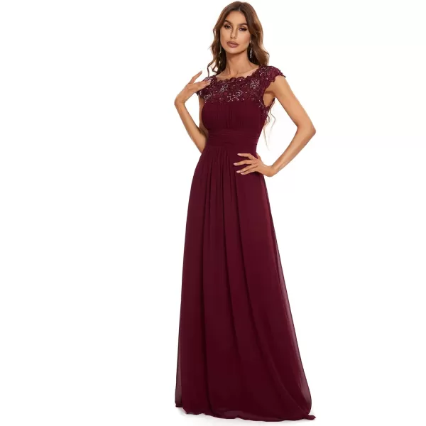 imageEverPretty Womens Cap Sleeve Ruched Lace Round Neck Chiffon Formal Evening Gowns 09993USBurgundy