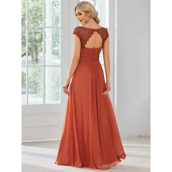 imageEverPretty Womens Cap Sleeve Ruched Lace Round Neck Chiffon Formal Evening Gowns 09993USBurnt Orange