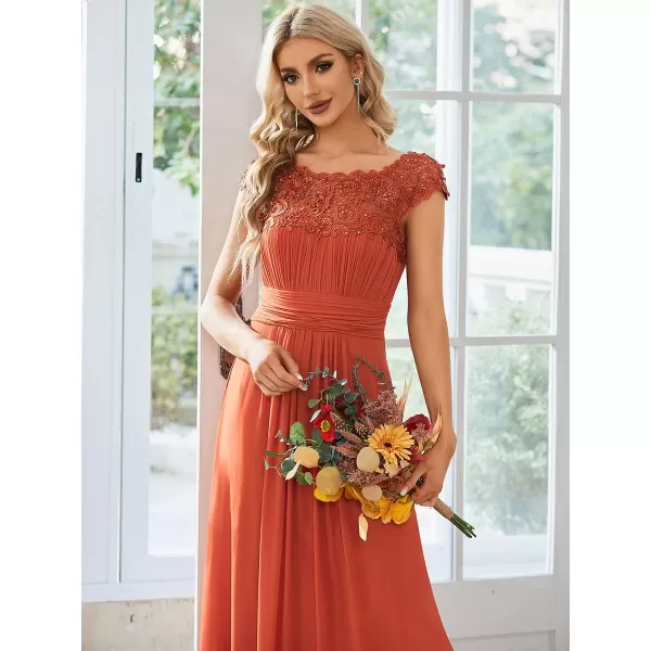 imageEverPretty Womens Cap Sleeve Ruched Lace Round Neck Chiffon Formal Evening Gowns 09993USBurnt Orange