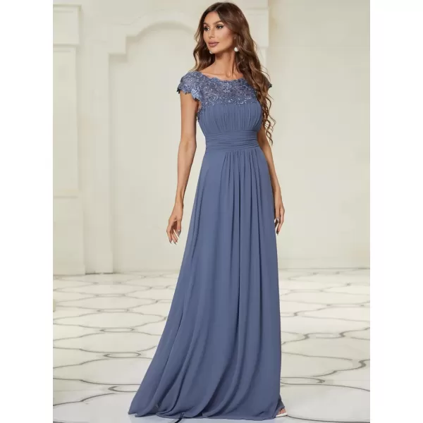 imageEverPretty Womens Cap Sleeve Ruched Lace Round Neck Chiffon Formal Evening Gowns 09993USDenim Blue