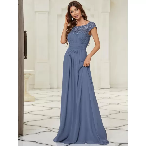 imageEverPretty Womens Cap Sleeve Ruched Lace Round Neck Chiffon Formal Evening Gowns 09993USDenim Blue