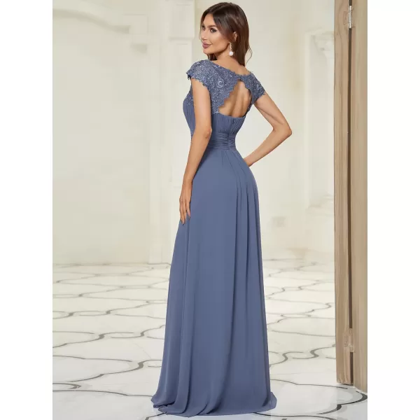 imageEverPretty Womens Cap Sleeve Ruched Lace Round Neck Chiffon Formal Evening Gowns 09993USDenim Blue