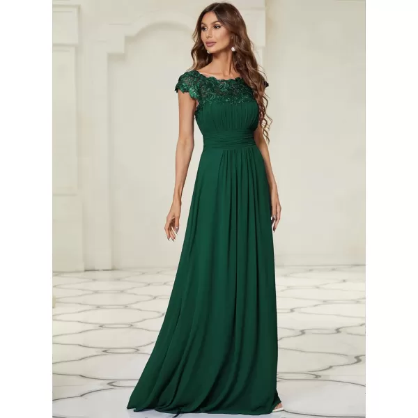 imageEverPretty Womens Cap Sleeve Ruched Lace Round Neck Chiffon Formal Evening Gowns 09993USGreen