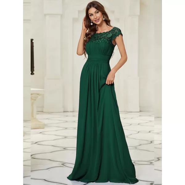 imageEverPretty Womens Cap Sleeve Ruched Lace Round Neck Chiffon Formal Evening Gowns 09993USGreen