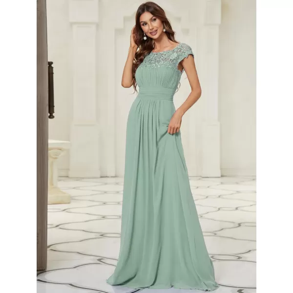 imageEverPretty Womens Cap Sleeve Ruched Lace Round Neck Chiffon Formal Evening Gowns 09993USMint Green1