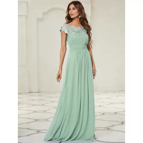 imageEverPretty Womens Cap Sleeve Ruched Lace Round Neck Chiffon Formal Evening Gowns 09993USMint Green1