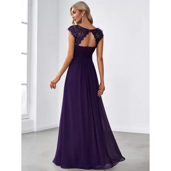 imageEverPretty Womens Cap Sleeve Ruched Lace Round Neck Chiffon Formal Evening Gowns 09993USPurple