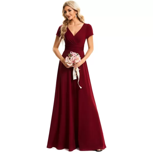 imageEverPretty Womens Formal Dress Ruched Waist V Neck A Line Bridesmiad Dress with Sleeves 01730Burgundy