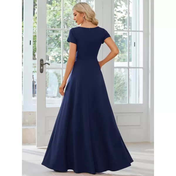 imageEverPretty Womens Formal Dress Ruched Waist V Neck A Line Bridesmiad Dress with Sleeves 01730Navy Blue