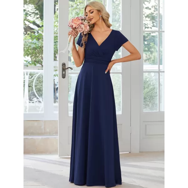 imageEverPretty Womens Formal Dress Ruched Waist V Neck A Line Bridesmiad Dress with Sleeves 01730Navy Blue