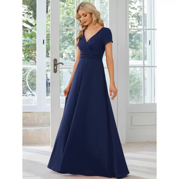 imageEverPretty Womens Formal Dress Ruched Waist V Neck A Line Bridesmiad Dress with Sleeves 01730Navy Blue