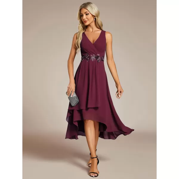 imageEverPretty Womens Summer High Low Sun Dress Sleeveless V Neck Flowy Ruched Chiffon Formal Dress for Wedding Guest 41926Burgundy