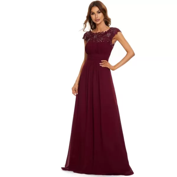 imageEverPretty Womens Cap Sleeve Ruched Lace Round Neck Chiffon Formal Evening Gowns 09993USBurgundy