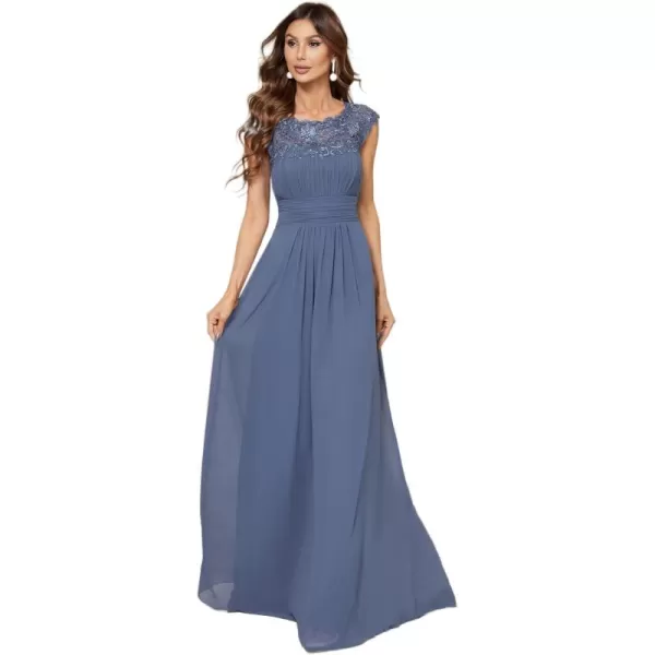 imageEverPretty Womens Cap Sleeve Ruched Lace Round Neck Chiffon Formal Evening Gowns 09993USDenim Blue