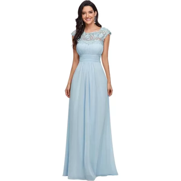 imageEverPretty Womens Cap Sleeve Ruched Lace Round Neck Chiffon Formal Evening Gowns 09993USSky Blue