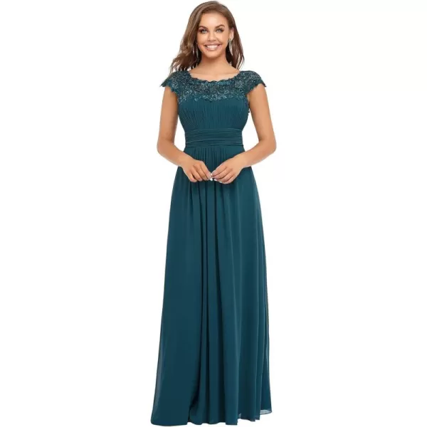 imageEverPretty Womens Cap Sleeve Ruched Lace Round Neck Chiffon Formal Evening Gowns 09993USTeal