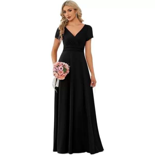 imageEverPretty Womens Formal Dress Ruched Waist V Neck A Line Bridesmiad Dress with Sleeves 01730Black