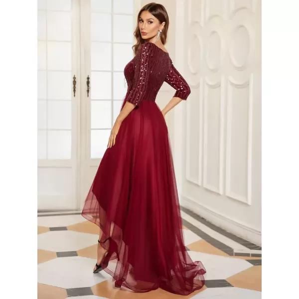 imageEverPretty Womens High Low ALine Sequin 34 Sleeve Tulle Evening Party Dress 50172Burgundy