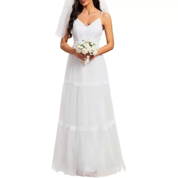 imageEverPretty Womens V Neck Tulle Spaghetti Strap Lace Embroidery Boho Wedding Dress 01833White