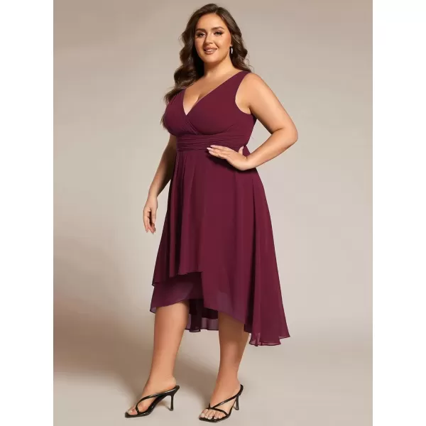 imageEverPretty A Line V Neck Sleeveless Chiffon Plus Size Pleated High Low Summer Wedding Guest Dresses for Curvy Women 61926DABurgundy