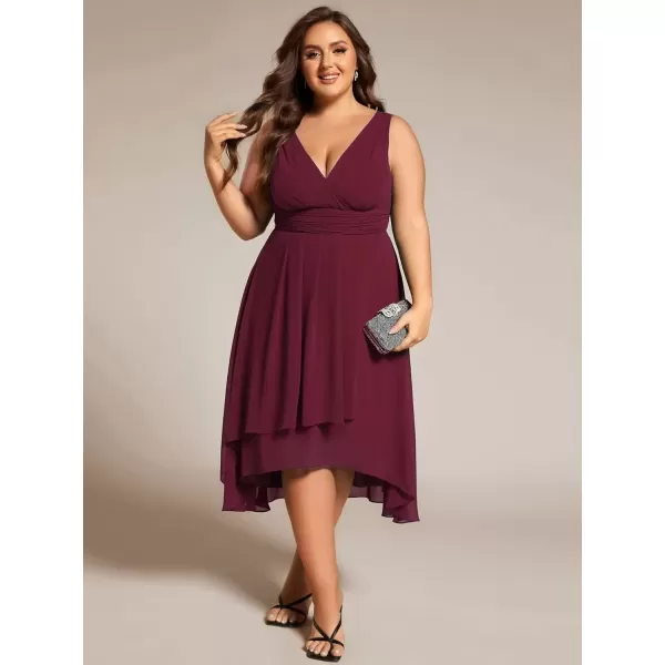 imageEverPretty A Line V Neck Sleeveless Chiffon Plus Size Pleated High Low Summer Wedding Guest Dresses for Curvy Women 61926DABurgundy