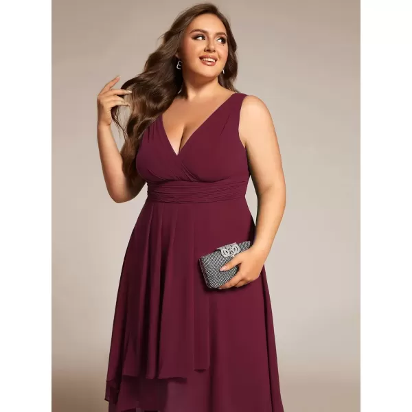 imageEverPretty A Line V Neck Sleeveless Chiffon Plus Size Pleated High Low Summer Wedding Guest Dresses for Curvy Women 61926DABurgundy