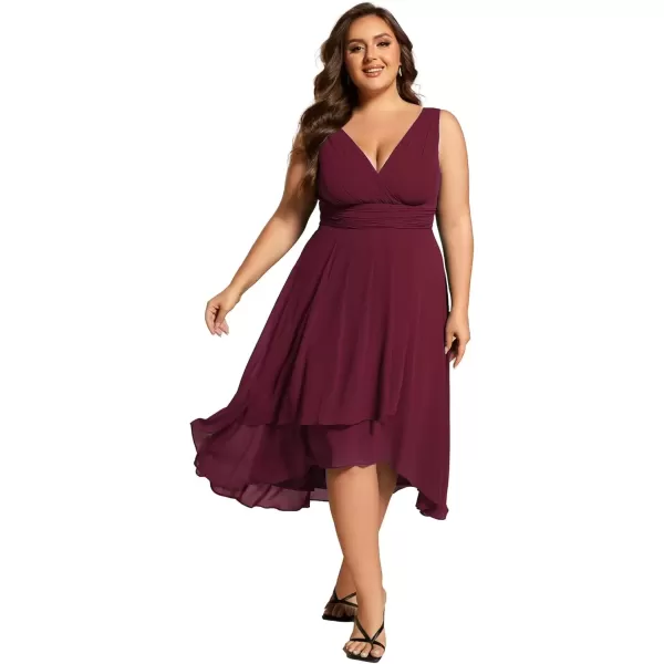 imageEverPretty A Line V Neck Sleeveless Chiffon Plus Size Pleated High Low Summer Wedding Guest Dresses for Curvy Women 61926DABurgundy