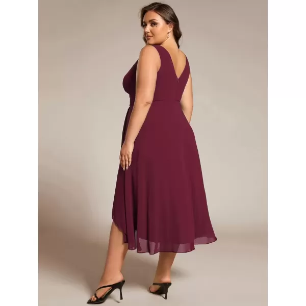 imageEverPretty A Line V Neck Sleeveless Chiffon Plus Size Pleated High Low Summer Wedding Guest Dresses for Curvy Women 61926DABurgundy