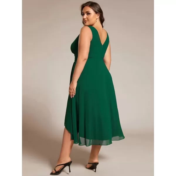 imageEverPretty A Line V Neck Sleeveless Chiffon Plus Size Pleated High Low Summer Wedding Guest Dresses for Curvy Women 61926DADark Green