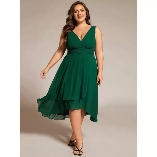 imageEverPretty A Line V Neck Sleeveless Chiffon Plus Size Pleated High Low Summer Wedding Guest Dresses for Curvy Women 61926DADark Green