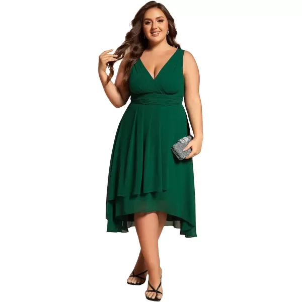 imageEverPretty A Line V Neck Sleeveless Chiffon Plus Size Pleated High Low Summer Wedding Guest Dresses for Curvy Women 61926DADark Green