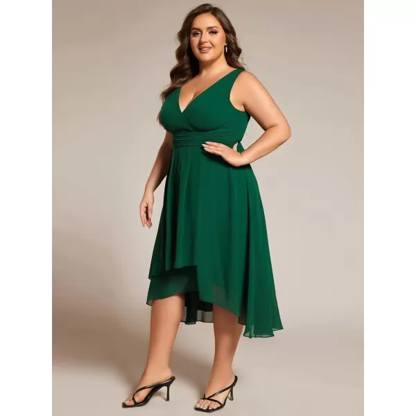 imageEverPretty A Line V Neck Sleeveless Chiffon Plus Size Pleated High Low Summer Wedding Guest Dresses for Curvy Women 61926DADark Green