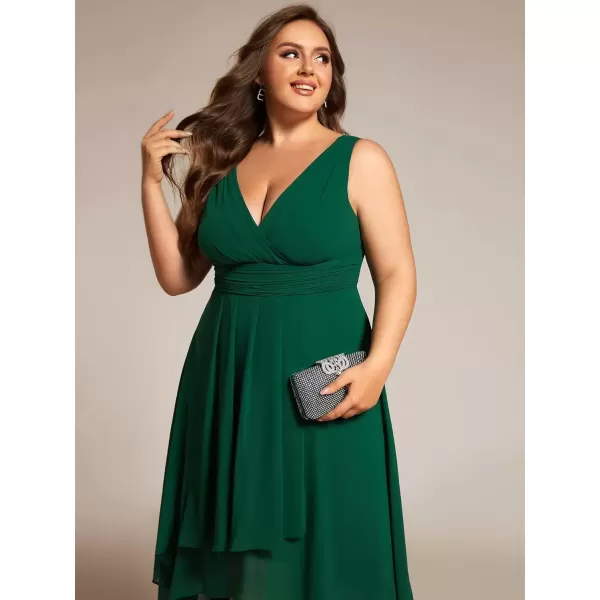 imageEverPretty A Line V Neck Sleeveless Chiffon Plus Size Pleated High Low Summer Wedding Guest Dresses for Curvy Women 61926DADark Green