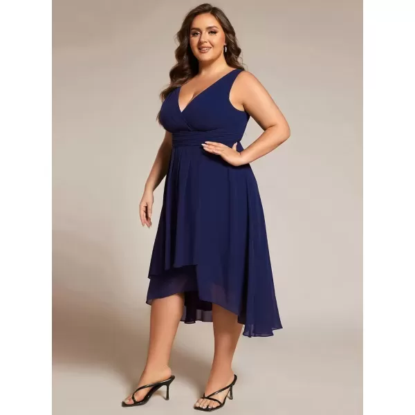 imageEverPretty A Line V Neck Sleeveless Chiffon Plus Size Pleated High Low Summer Wedding Guest Dresses for Curvy Women 61926DANavy Blue