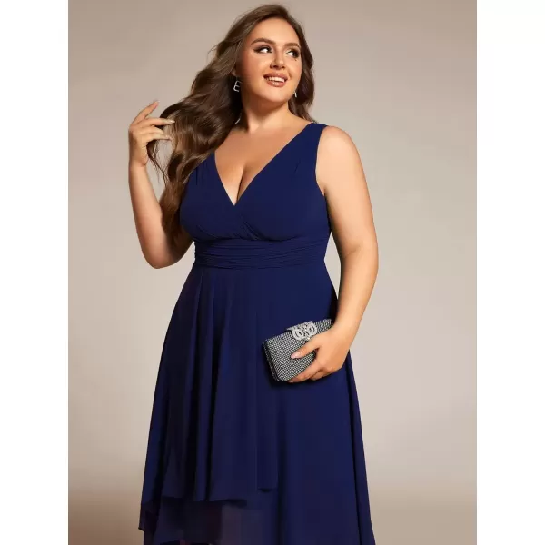 imageEverPretty A Line V Neck Sleeveless Chiffon Plus Size Pleated High Low Summer Wedding Guest Dresses for Curvy Women 61926DANavy Blue