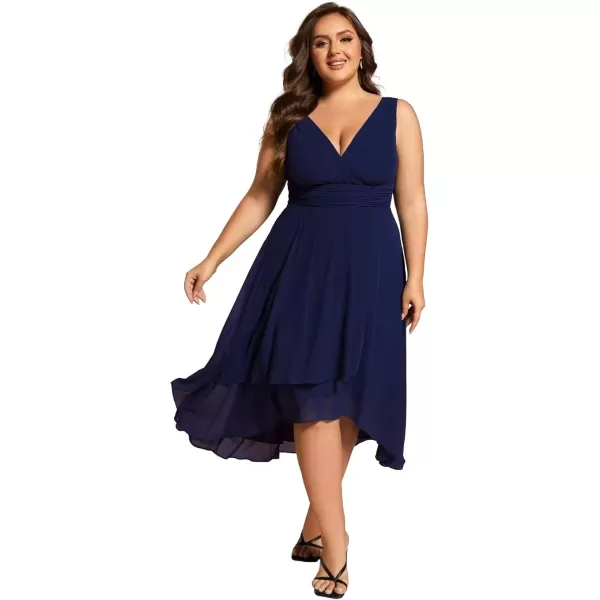 imageEverPretty A Line V Neck Sleeveless Chiffon Plus Size Pleated High Low Summer Wedding Guest Dresses for Curvy Women 61926DANavy Blue